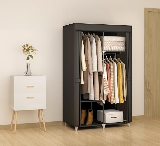 Portable Closet Wardrobe for Small Room, 35-Inch Clothing Organizer Storage Rack with 2 Clothes Hanging Rods and 4 Shelves, Non-Woven Fabric Cover, Black