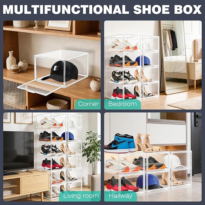 2 Pack Drop-Front Clear Shoe Storage Box Acrylic Box Shoe Organizer Size 12, Stackable Shoe Tower with Magnetic Door Storage Cubbies for Sneaker Containers Boot Display & Closet Organization