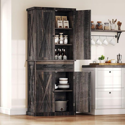 DWVO 72'' Farmhouse Kitchen Pantry, Rustic Wood Kitchen Storage Cabinets with Adjustable Shelves & Drawer, Tall Freestanding Cupboard for Dining Room, Living Room, Dark Gray