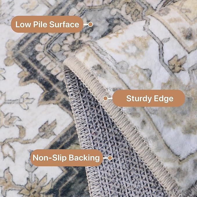 GENIMO 6FT Round Area Rugs for Living Room, Circle Rugs Machine Washable Low Pile, Chenille Non Slip Vintage Rug for Bedroom, Dining Room, Home Office, Heathered Grey