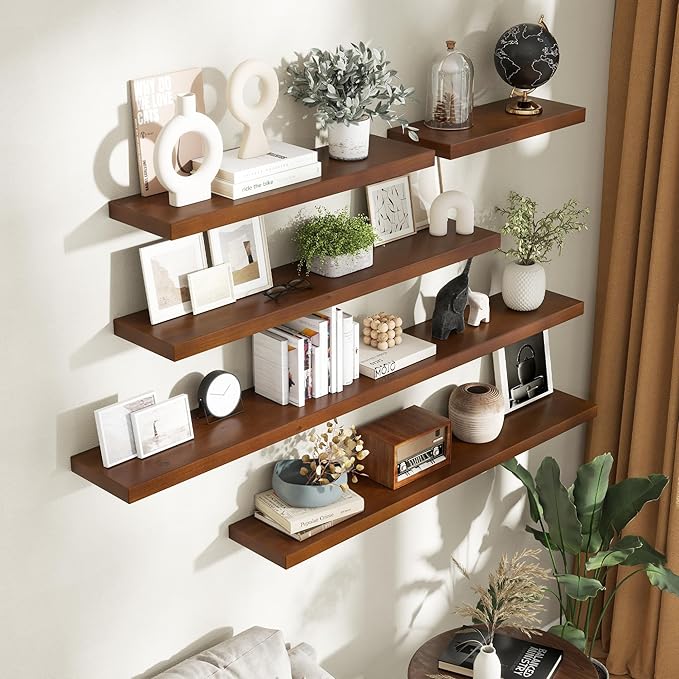 Floating Shelves for Wall, 36"Wx9.3"D USA-Sourced Douglas-Fir Solid Wood Rustic Wall Shelves with Heavy Duty Invisible Bracket, Nursery Book Storage Display Shelf for Bathroom, Set of 2, Walunt Finish