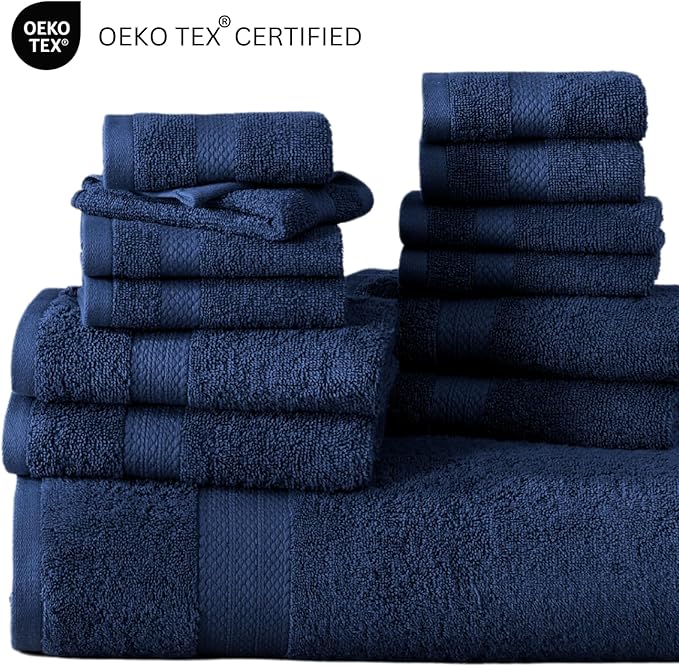 LANE LINEN Cotton Bath Towel Set - 18 Piece - Low Twist, Soft & High Absorbency - 4 Bath, 8 Wash Cloth, 6 Hand Towels - Classic Hotel Quality, Durable & Ideal for Modern Bathrooms - Navy Blue