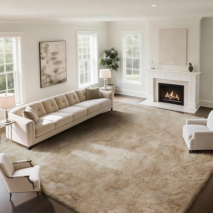 Fluffy Rug Shaggy Area Rug, Beige 10x14 Area Rugs for Bedroom, Super Soft Shaggy Rugs for Living Room Bedroom Kids Room Home Decor, Upgrade Anti-Skid Rectangular Fuzzy Rug