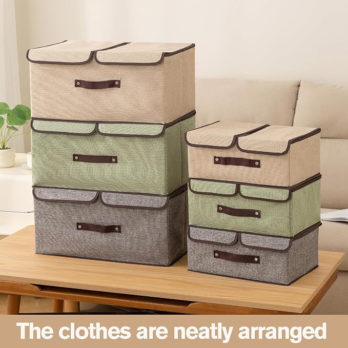 Linen Fabric Storage Bins with Lids and Dividers 2-Pack, 37.5L Collapsible Closet Organizers, Foldable Divided Boxes for Clothes, Beige Linen Closet Organization (Green)