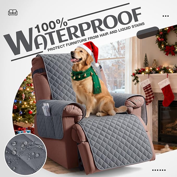 KinCam 100% Waterproof Recliner Chair Cover, Reclining Couch Covers for Pets, Dogs, Recliner Couch Slipcover Furniture Protector with Elastic Straps for Kids(25", Dark Gray)