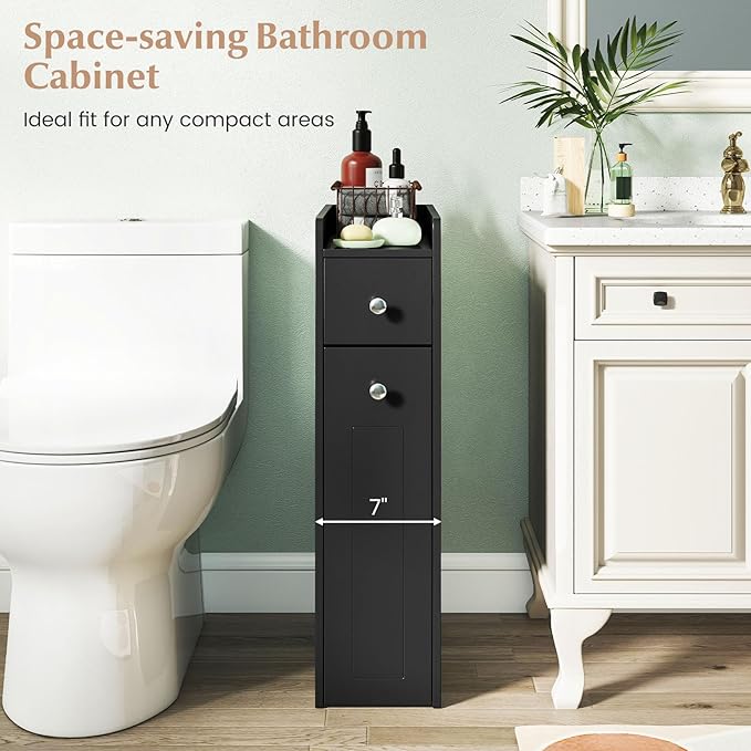 Giantex Slim Bathroom Storage Cabinet, Space-saving Toilet Side Cabinet with Slide-out Drawers on 3 Wheels, Freestanding Narrow Toilet Paper Holder for Living Room, Laundry Room, Compact Space (Black)