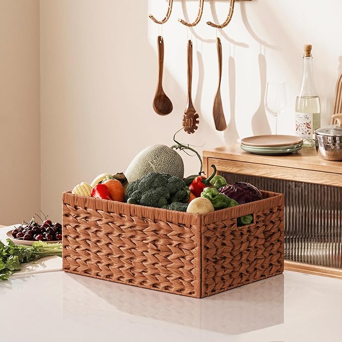 Storage Baskets with Label — Wicker Pantry Baskets for Shelves, Waterproof Woven Basket for Organizing, 2-Pack Plastic Rectangle Organizers with Handles, Light Brown (16.5L×13W×7.5H)