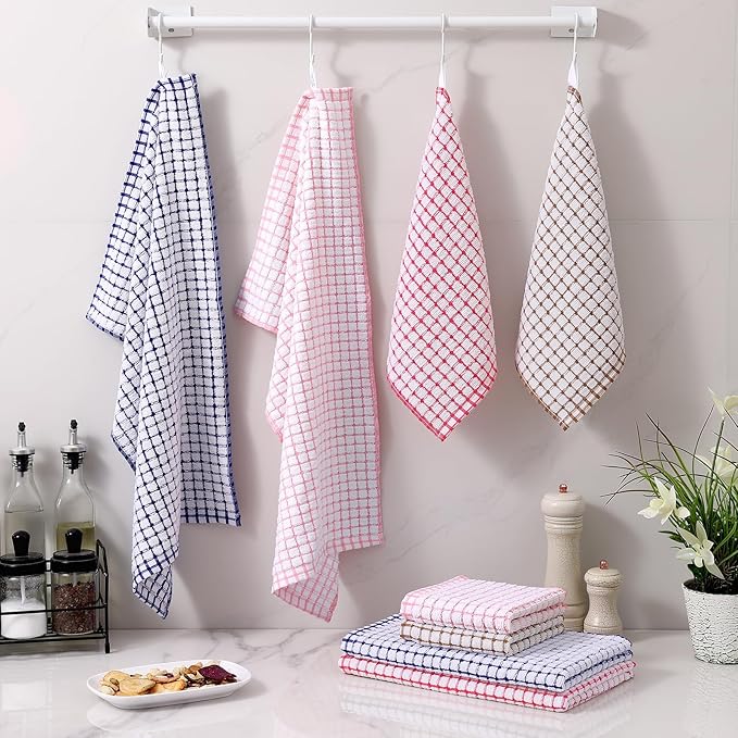 Homaxy Kitchen Towels and Dishcloths Set, 16 x 25 and 12 x 12 Inches, Set of 8 Cotton Terry Kitchen Dish Towels, Super Soft and Absorbent Dish Cloths, Blue/Pink/Red/Brown