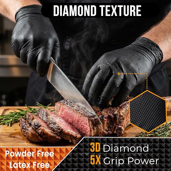 Black 10 Mil Nitrile Gloves, Diamond Textured Grip, Extra Thick Heavy Duty Disposable, Latex-Free, Tear & Chemical Resistant, Multipurpose Gloves for Kitchen, Cleaning, Medium
