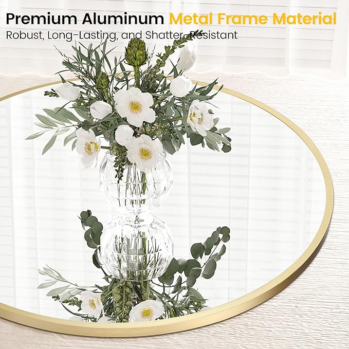 24 in Round Mirror for Wall, Gold Metal Frame Circle Mirror, Round Bathroom Mirror for Wall Decor, Mirror for Entryway, Vanity, Bedroom, Easy to Install