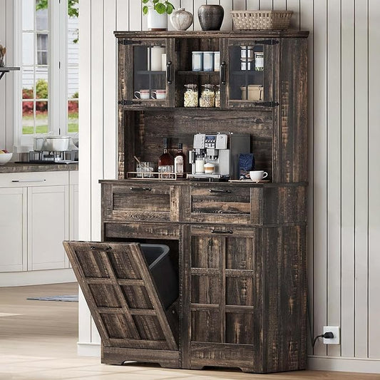 DWVO Kitchen Pantry Storage Cabinet with Tilt-Out Trash Can Fit 10 Gallon, Tall Farmhouse Kitchen Hutch Cabinets with Charging Station & Microwave Stand for Home Living Dining Room, Dark Rustic Oak