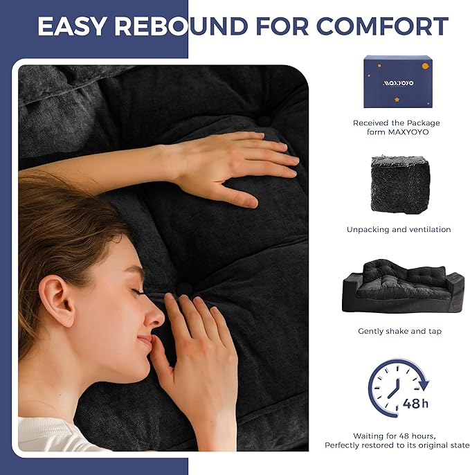 MAXYOYO Boneless Sofa Couch, Loveseat Sofa for Small Space, Tufted 2-Seater Floor Couch Bean Bag Chair for Living Room Bedroom Apartment, Sofa in a Box, No Assembly Needed, Black