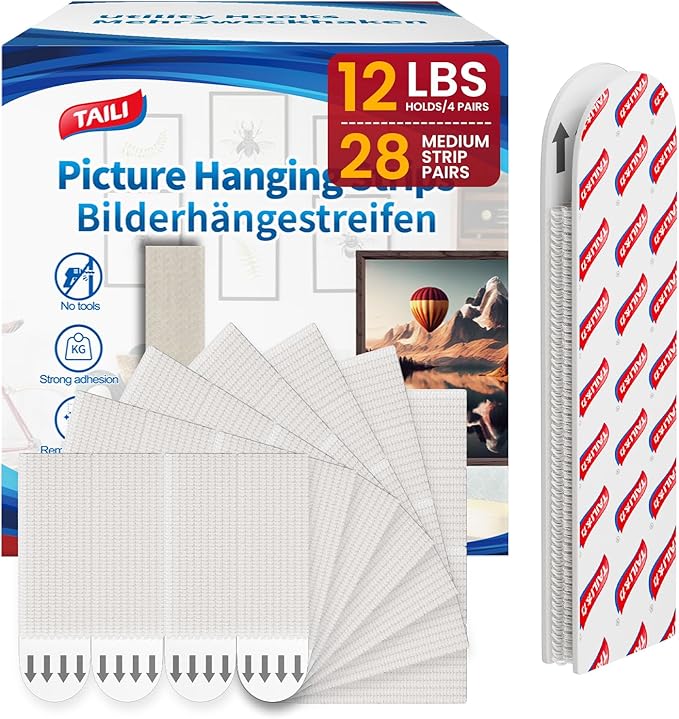 TAILI Picture Hanging Strips Heavy Duty, Medium 28 Pairs (56 Strips) Frame Hanger for Walls Without Nail, Pictures Haing Kit Damage Free Adhesive Poster Decor, Art, Mirror