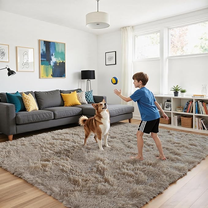 Fluffy Rug Shaggy Area Rug, Beige 6x9 Area Rugs for Living Room, Large Shag Area Rugs for Bedroom Kids Room Home Decor, Upgrade Anti-Skid Rectangular Fuzzy Rugs