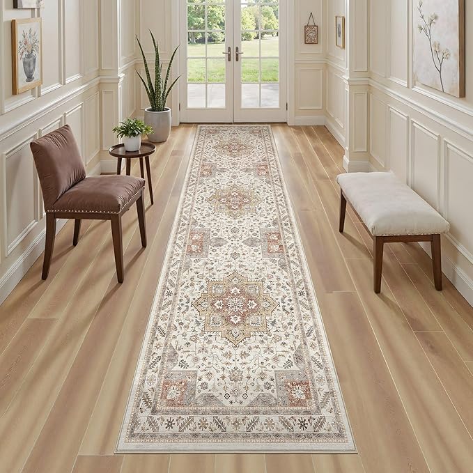 Vintage Hallway Runner Rug 2x10: Large Soft Washable Entryway for Kitchen Laundry Room Non-Slip Backing Runner for Entrance Living Room Bedroom Bathroom - Orange