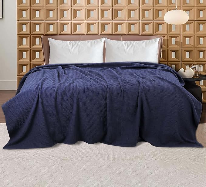 Bed & Bath Home Premium 100% Cotton Waffle Weave Blanket Twin Size – Soft Breathable Lightweight Comfort, Natural All-Season Bed Blanket, Easy-Care Bedspread for Bed & Couch (Navy Blue)