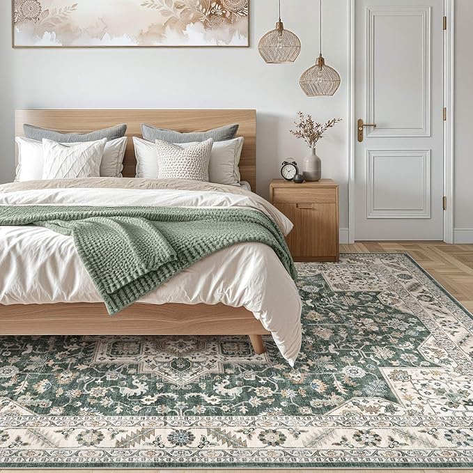 Vintage Living Room Area Rug 8x10 - Large Soft Washable Oriental Traditional Distressed Farmhouse Rugs for Bedroom - Indoor Floor Accent Carpet for Home Office House Decor - Vintage Green