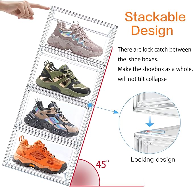 12 Pack Acrylic Sneakr Shoe Display Case, Size 12.5 Shoe Storage Boxes Clear Stackable Purse Handbag Organizer Under Bed Storage Bins with Magnetic Lids