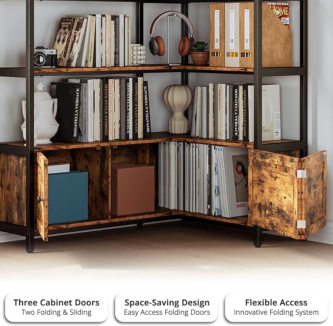 IRONCK Corner Bookshelf, Vintage Industrial Bookcase 6 Tier with Storage Cabinets, 70" Wooden Book Shelf with Metal Frame for Living Room, Office, Bedroom