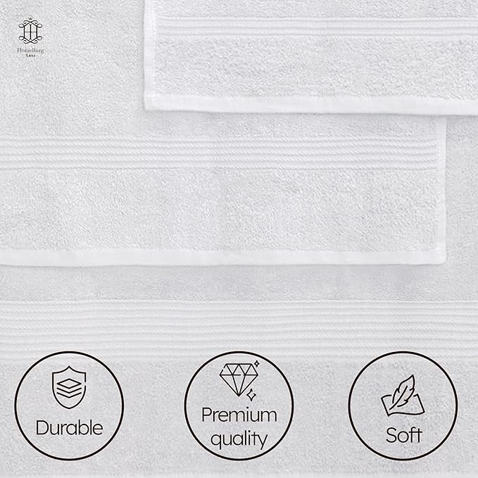 Luxe Set – Washcloths (30 x 30cm), Hand Towels (40 x 70cm) & Bath Towels (65 x 137 cm) – 100% Cotton, Soft, Absorbent, Easy Care, Versatile, (White)