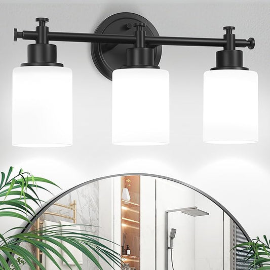 3-Light Black Bathroom Light Fixtures, Modern Vanity Lights Over Mirror, Bathroom Wall Sconces with White Glass Shade, E26 Socket, 15.75" Compact Vanity Light Fixtures