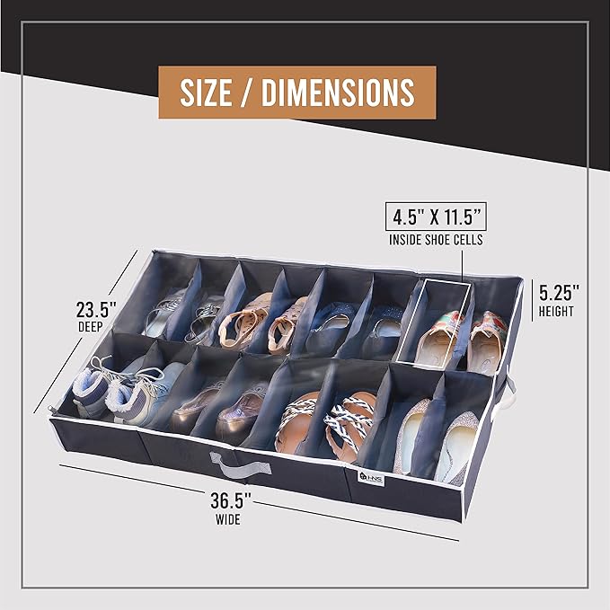 HOLDN' STORAGE Extra-Large Under Bed Shoe Storage Organizer - Underbed Storage Solution Fits Men's and Women's Shoes, High Heels, and Sneakers with Durable Vinyl Cover & Extra-Strong Zipper - Black