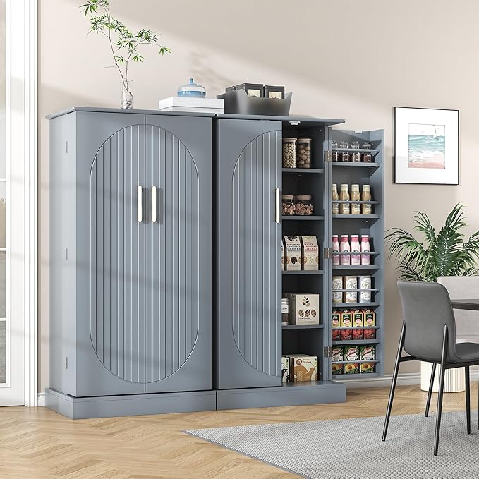 47" Tall Kitchen Pantry Cabinet, Grey Pantry Storage Cabinet with Adjustable Shelves, Barn Doors and Drawer Farmhouse Cupboard for Kitchen, Dining Room, Bathroom (16" D x 24" W x 47")