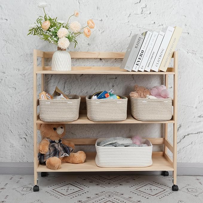 Small Woven Storage Baskets 13“X9”X5“ Decorative Rope Bins for Organizing Shelves, Closets, and Toys, Empty Gift Baskets, Cute Organizer Basket for Home and Office (oatmeal, Large)