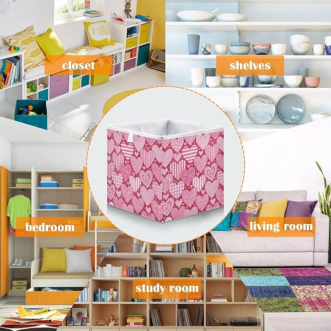 Bolaz Valentine's Day Different Hearts Closet Organizers Storage Cubes Storage Bins Shelf Baskets Containers for Home Room Office,Rectangle