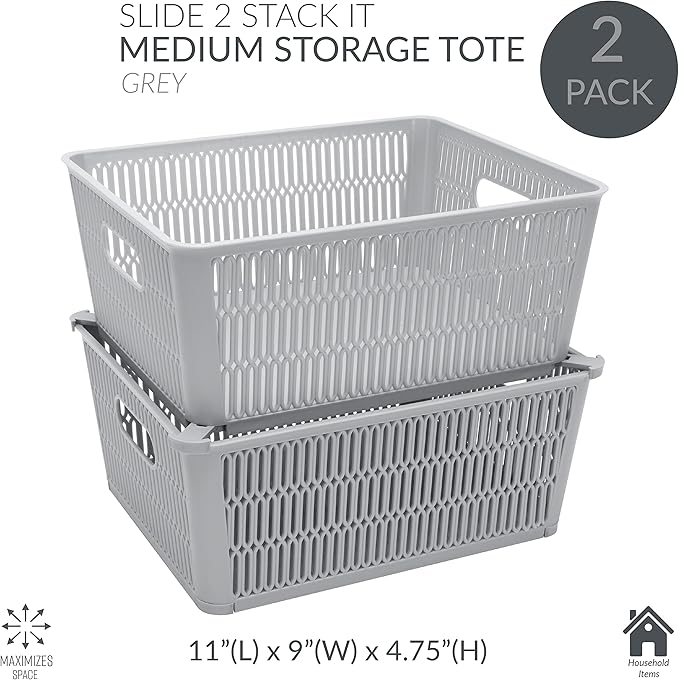 Simplify 2Pk Large Slide 2 Stack It Tote Basket | Storage & Organization | Open Bins with Stackable Capability | Bathroom | Crafts | Pantry | Playroom | Office | Grey