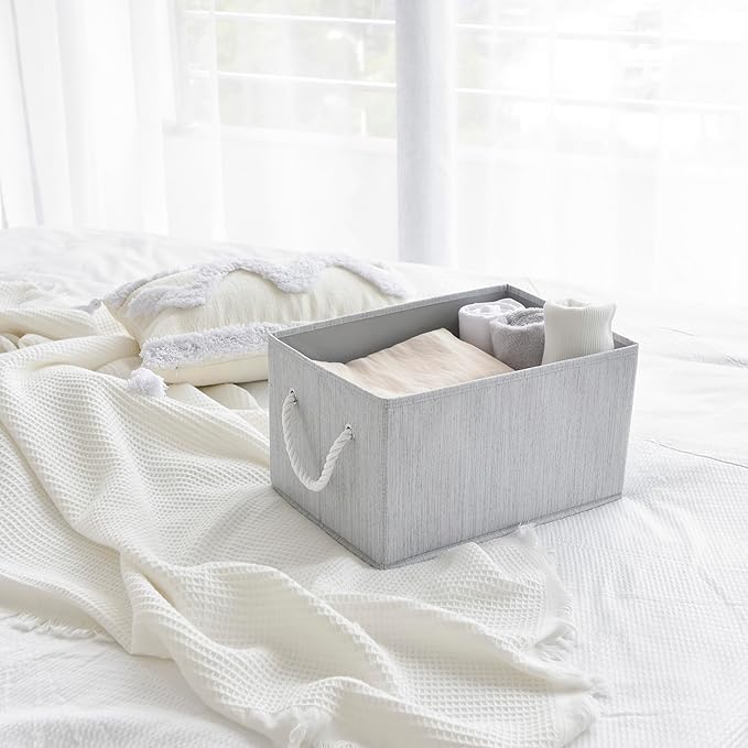 Pack of 2 Storage Bins Closet Organizer System, Sturdy Foldable Storage Boxes for Organizing Clothing, Books - Shelf Organizer Shelves Basket Storage Bin with Handles, Grey