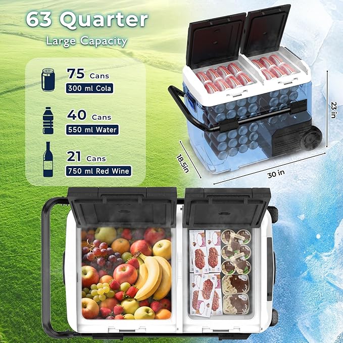 AS 12 Volt Refrigerator, 63QT(60L) Dual Temperature Zone Electric Cooler with Wheels, Portable Freezer 12V/24V DC 110-240V AC, -4℉-68℉ Car Fridge for Car, Marine, Home, Outdoor, etc