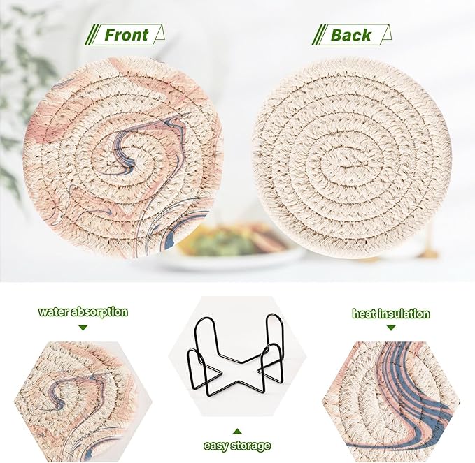 Handmade Cotton Absorbent Coaster Set of 6, Beige Cream Drink Coasters, Minimalist Home Decor for Coffee Table, Kitchen, Housewarming and Wedding Registry Ideas