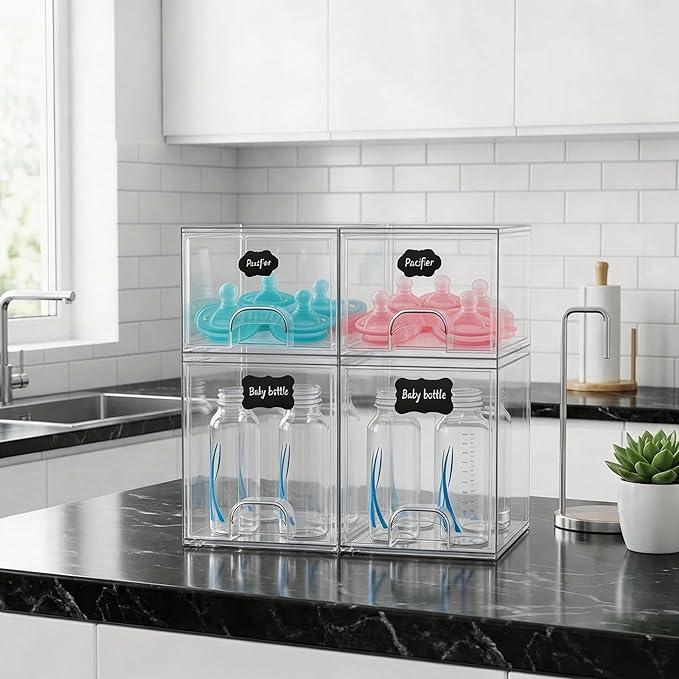 TOOGE Stackable Baby Bottle Organizer: Acrylic Bottle Organizer Baby Storage Drawers Clear Bottle Station Organization for Countertop Cabinet Vanity with 4 in 1 Cup Lid Cleaning Brush & Label - Tall