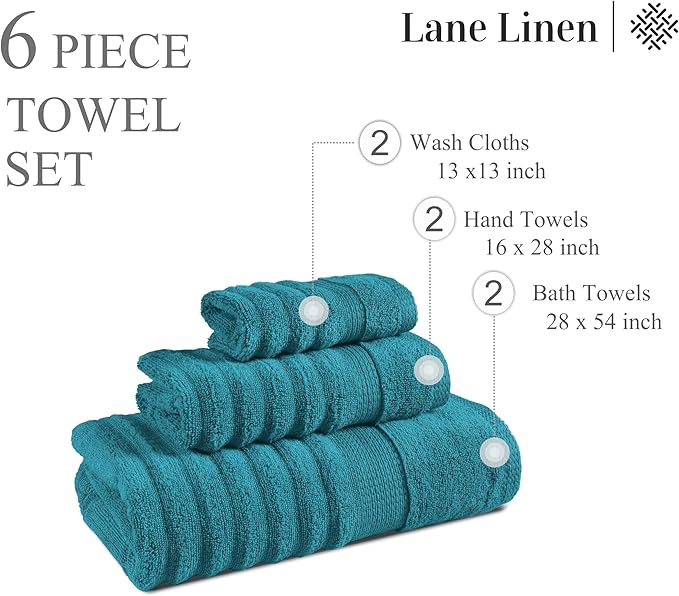LANE LINEN 6 Piece Bath Towel Set - Zero Twist Cotton - Soft, Durable & Absorbent - 2 Bath, 2 Washcloths, 2 Hand Towels for Bathroom - Ideal for Home, Spa & Gym - Quality You Can Trust - Seaport Blue