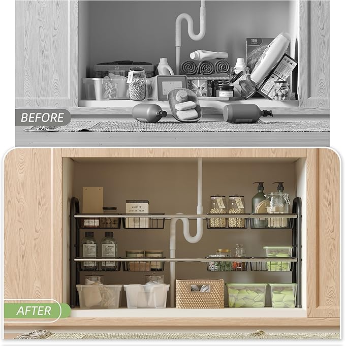 Under Sink Organizers and Storage, 2-Tier Expandable Under Cabinet Organizer Shelf with 8 Baskets, Expandable Shelf for Cupboard, Kitchen, Bathroom, Shoe Storage Rack