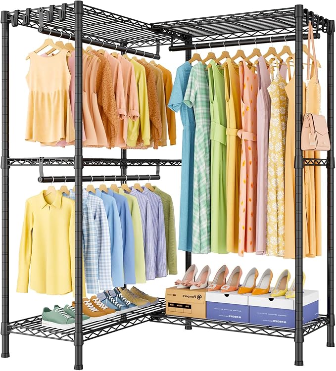 E15 Garment Rack L Shaped Clothes Rack for Corner，Freestanding Clothing Racks for Hanging Clothes，Heavy Duty Closet Organizer with 4 Hanging Rods & 8 S Hooks，43.3" W x 29.4" D x 78.4" H，Black