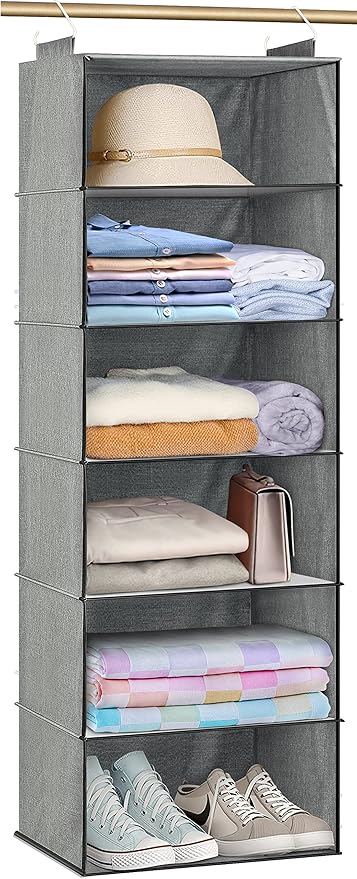 SLEEPING LAMB 6 Shelves Jumbo Hanging Closet Organizer and Storage, Hanging Clothes Organizer for Sweaters, Blankets and Coats in Wardrobe, Bedroom, Living Room, Grey