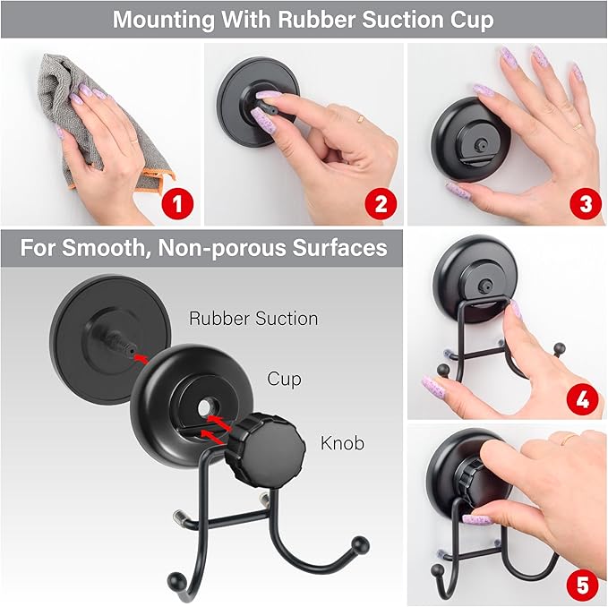 Suction Cup Hooks for Shower - Towel Hooks for Bathroom Wall Mounted Shower - Bathroom Hooks for Hanging - Stainless Steel SS304 Towel Holders, Black (2 Pack)