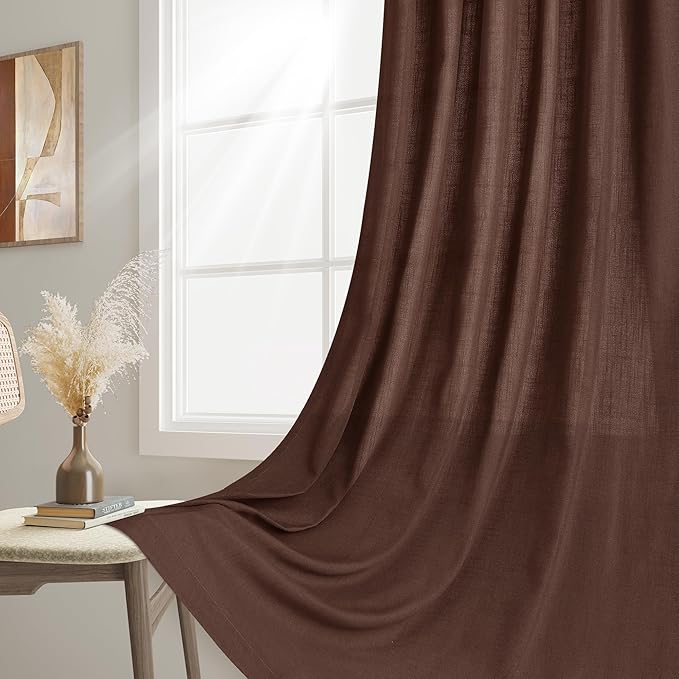 Joywell Rustic Brown Back Tab Rod Pocket Linen Curtains 96 Inches Long 2 Panels for Living Room Bedroom Neutral Boho Farmhouse Rustic Light Filtering Semi Sheer Curtains Window Treatment 52x96