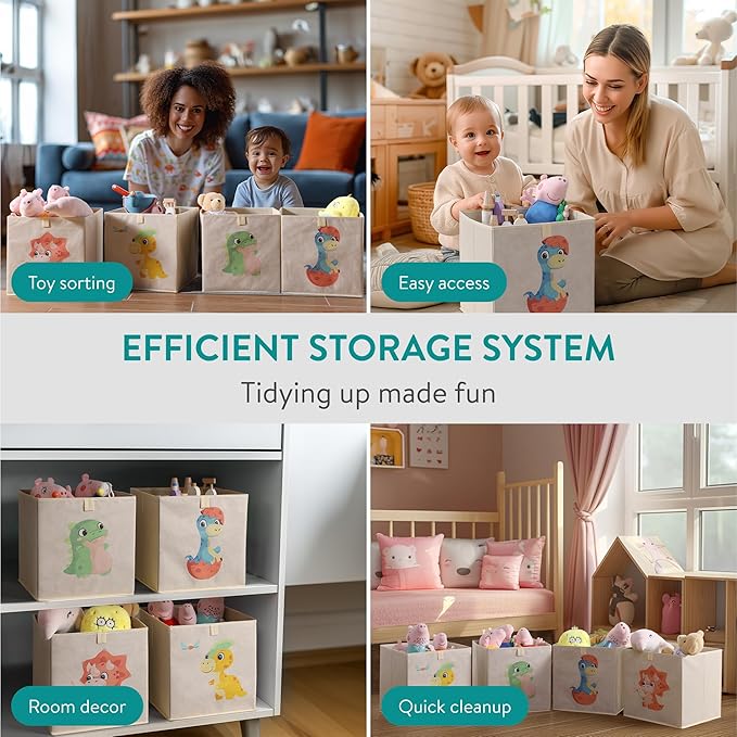 Navaris Toy Storage Boxes - Kids Bedroom Cube Baskets w/ Pull-Out Loop - Fabric Collapsible Box Drawers Unit for Shelves - Compatible with Ikea Kallax Inserts - Set of 4 Dinosaurs