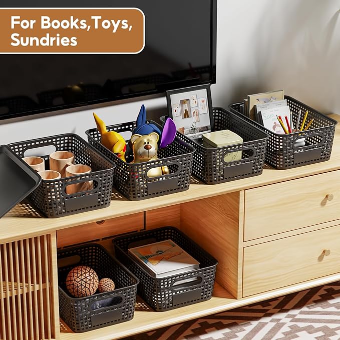 8 PCS Plastic Storage Baskets with Lids, Stackable Storage Bins with Lids & Labels for Organizing, Small Storage Bins for shelves, Office, Drawer, Cabinet & Pantry,Nursery Organization,10.2*7.2*4.1In