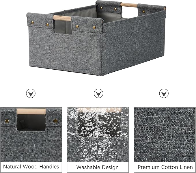 2PCS Storage Bins Cotton Linen Fabric Storage Boxes Basket with Wooden Handles Foldable Washable Decorative Shelf Container Clothes Organizer Home Laundry - Large Size, Gray
