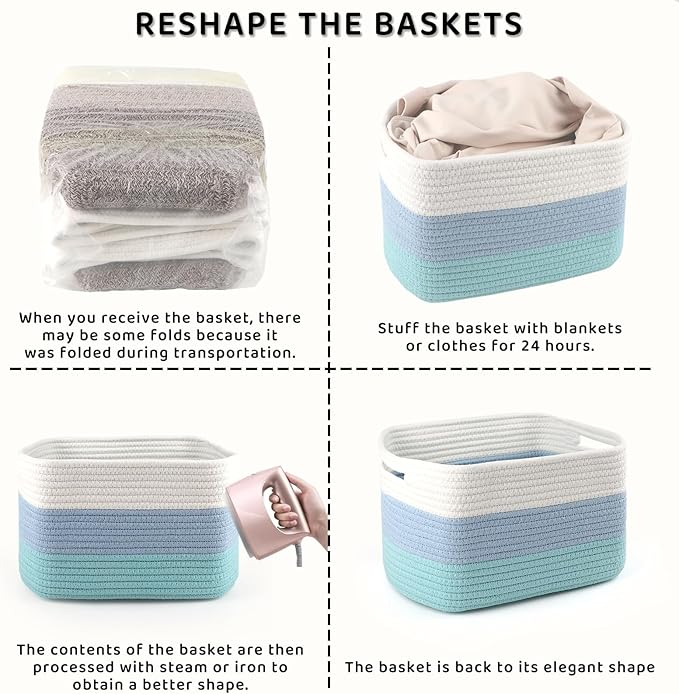 4 Pack Storage Baskets for Organizing, 12''Lx10''Wx8''H Woven Baskets for Storage Toys, Towels, Books, and Clothes, Cotton Rope Basket for Shelves with Handle (White & Blue)