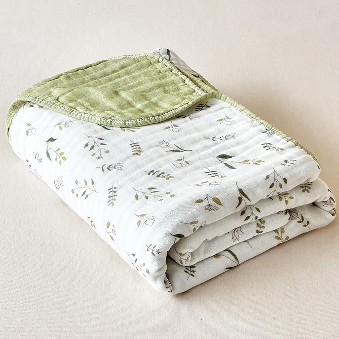 Muslin Blankets 100% Cotton 6-Layer Gauze Floral Pattern Throw Blanket Lightweight Soft and Breathable Queen Bed Blanket for Sofa Couch Bed Coverlet Both Sides (Leaves Green, Queen 90" X 90")