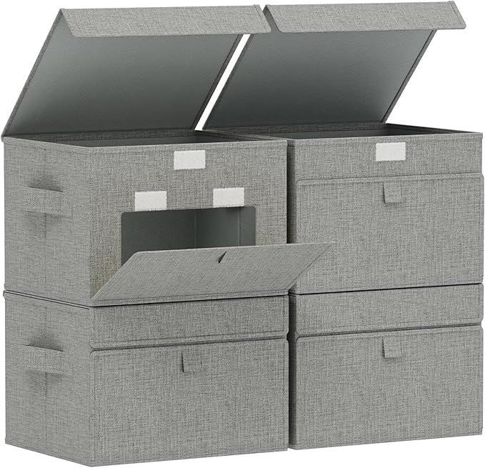 Storage Boxes with Flip Cover, Foldable Bin for Clothes, Cubes with Handles, Decorative Linen Baskets for Home, Bedroom, Closet, 10.2x7.9x6.7in, Grey, 4 Pack