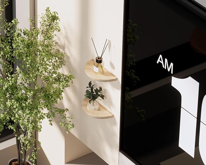Floating Wall Shelves Set of 2 - Solid Wood Half Round Shelves for Bedroom & Bathroom