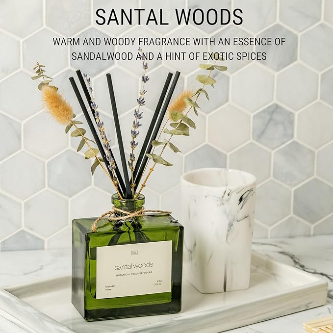 Reed Diffuser with Dried Flowers - Santal Woods Scent for Home & Bathroom