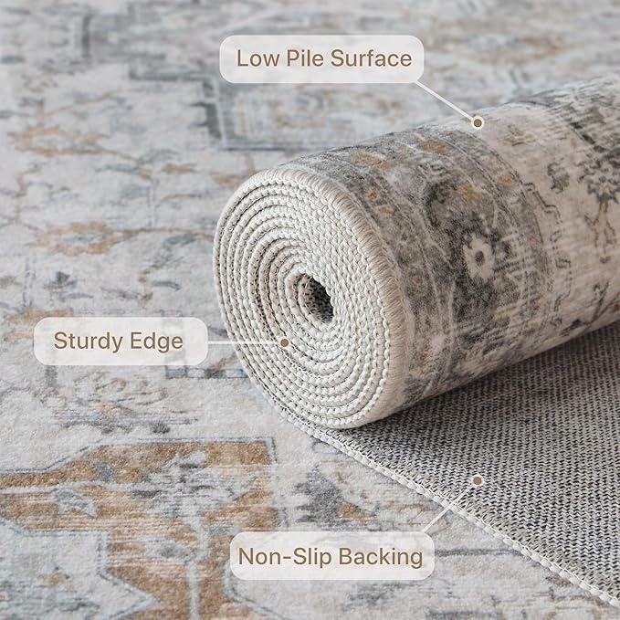 GENIMO Runner Rug 3x7, Non Slip Vintage Hallway Runner Rugs, Low Pile Lightweight Machine Washable Mat for Hallway, Entryway, Bedroom, Kitchen and Corridor, Light Taupe Brown