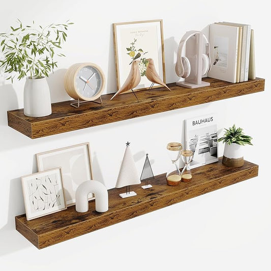 Fun Memories 40 Inch Floating Shelves, Long Wood Wall Shelf Set of 2 with Invisible Brackets, for Bathroom, Living Room, Bedroom, Kitchen, Rustic Brown